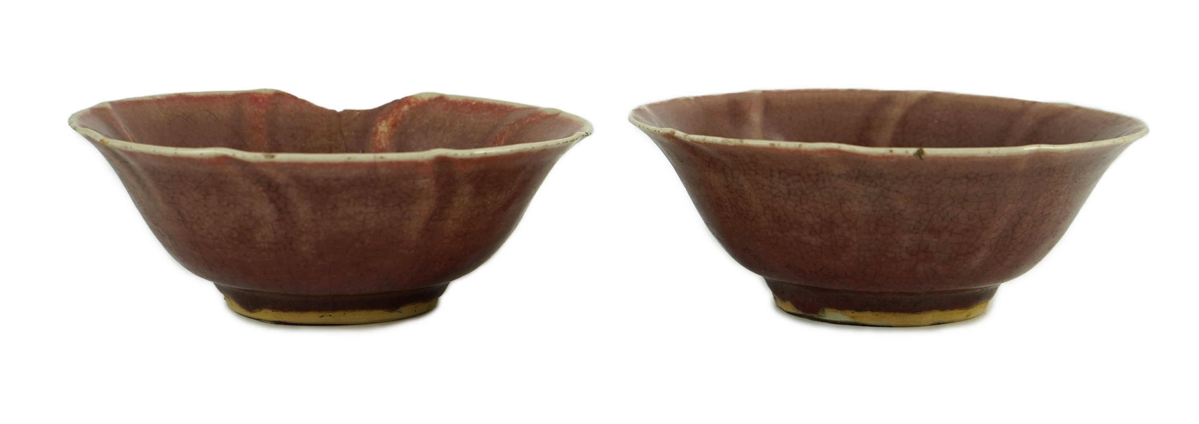 A pair of Chinese sang-de-boeuf glazed bowls, Langyao hong, Kangxi period, 19.5 cm diameter, some damage